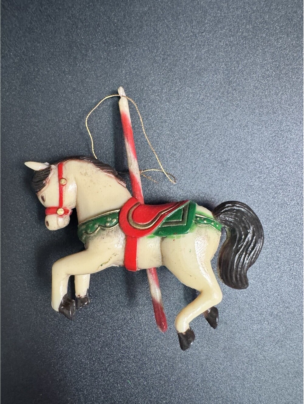 Vintage Celluloid Carousel Horse Christmas Ornament Merry Go Round 4"X 3.5"